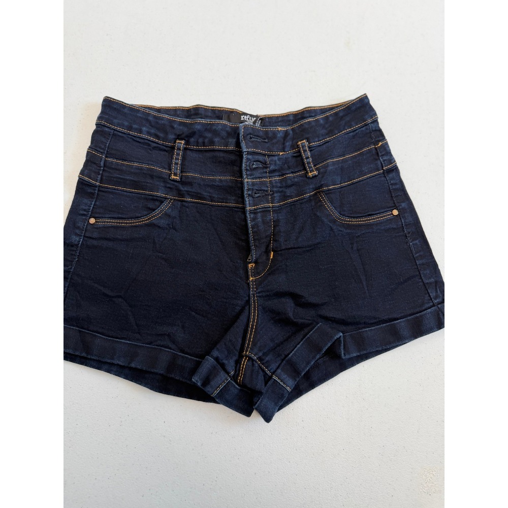 Refuge Womens Size 8 Dark Wash High Rise Multi Button Fly Cuffed Denim Shorts